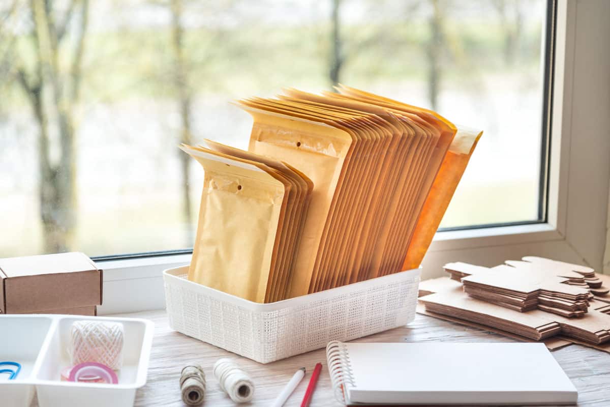 Brown postal envelopes on wooden office desk