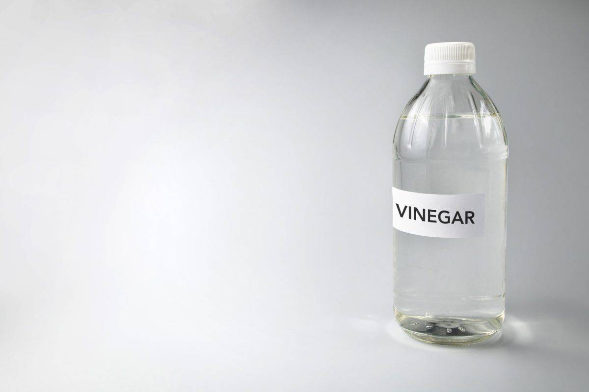 Close-Up Of Vinegar Text On Glass Bottle Against Gray Background

