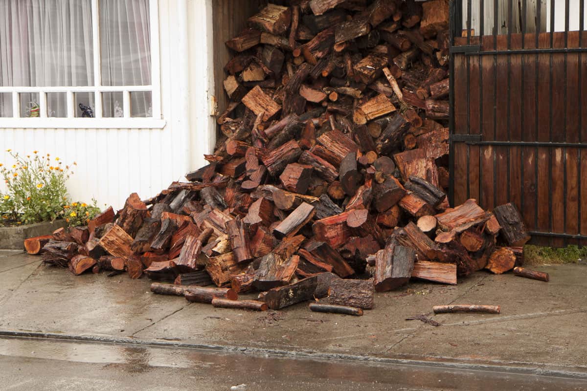 Heap of firewood disarranged outside of garage