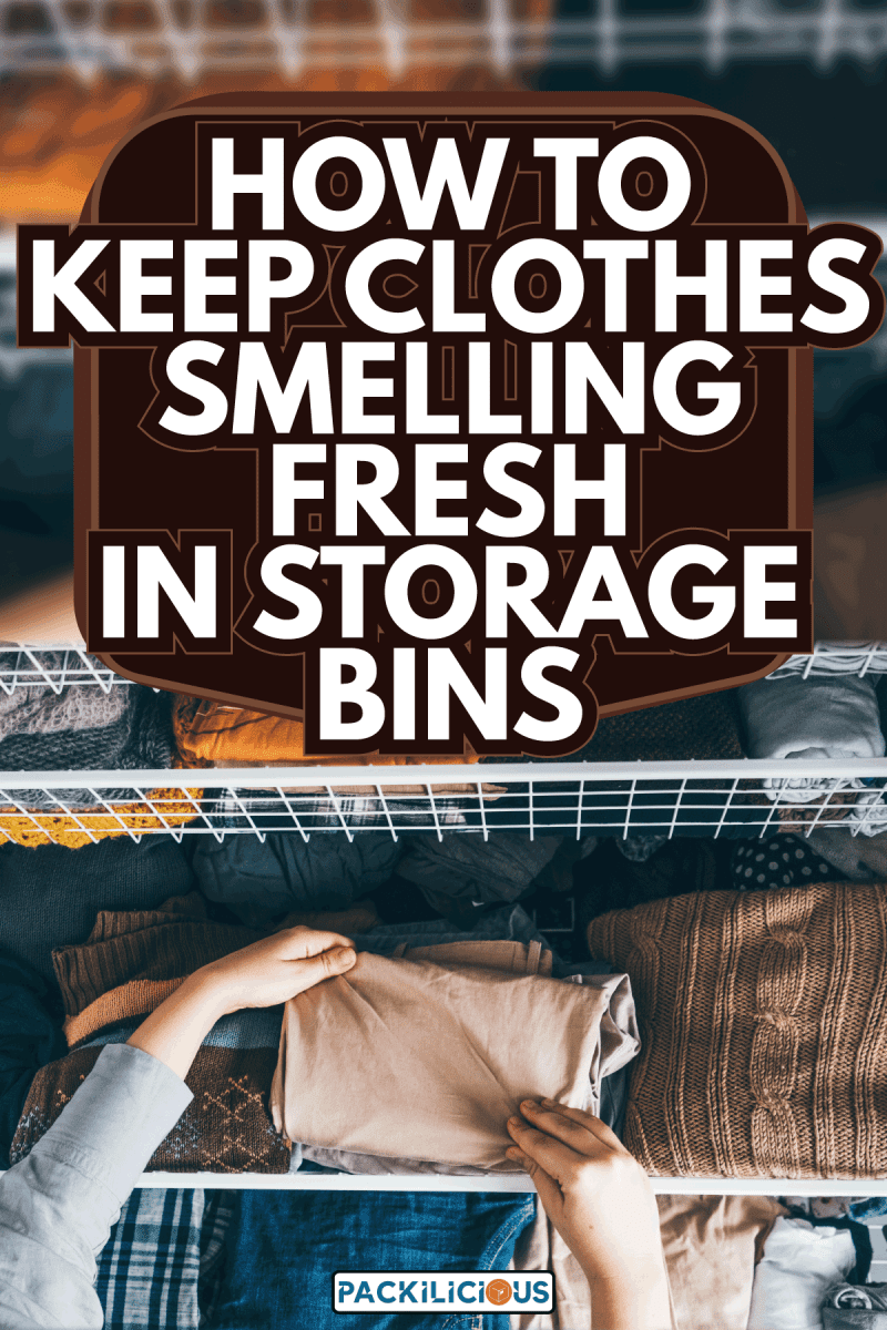 Housewife organizing clothes in wardrobe. Woman sorting out wardrobe. How To Keep Clothes Smelling Fresh In Storage Bins