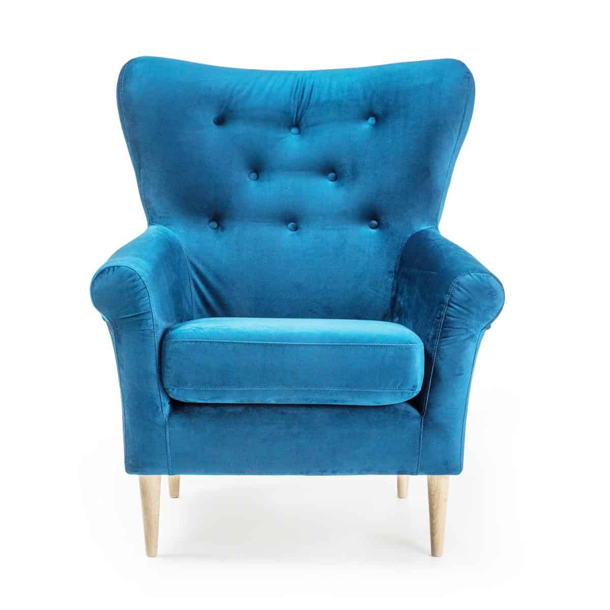 Turquoise Arm Chair Isolated on White Background. Front View of Upholstered Wingback Accent Sofa. Classic Tufted Armchair with Wooden Feet Teal Blue Velvet Upholstery.