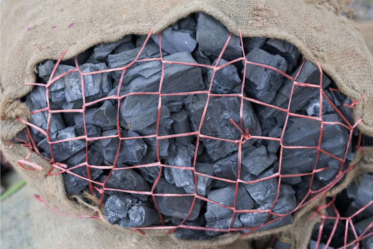 close up wooden charcoal in sacks.