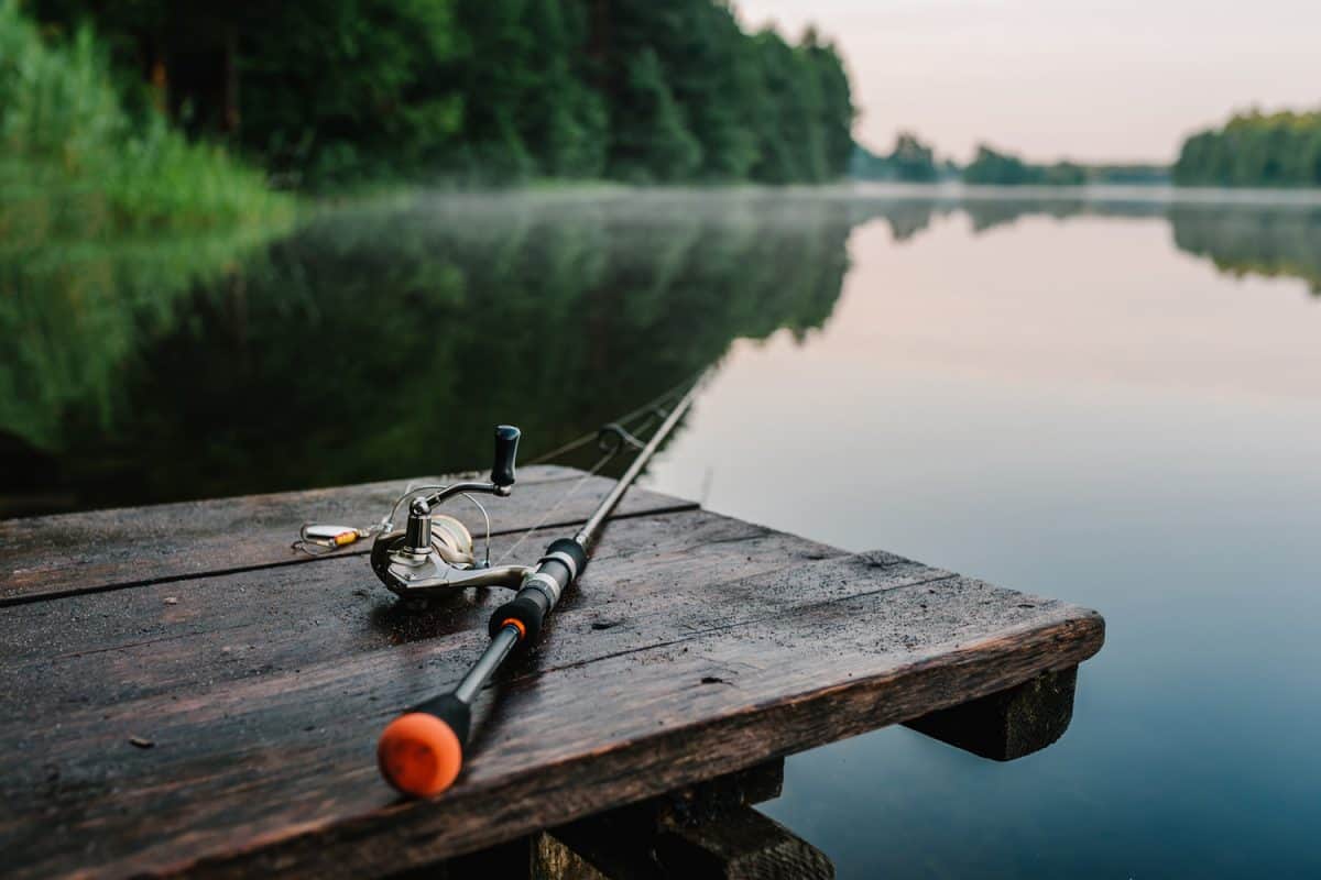 Fishing rod, spinning reel on the background pier river bank. Sunrise. Fog against the backdrop of lake. Misty morning. wild nature. 