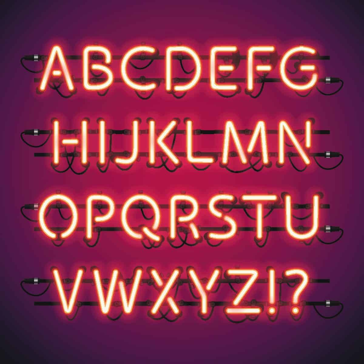 Glowing Neon Bar Alphabet. Used pattern brushes included. There are fastening elements in a symbol palette.
