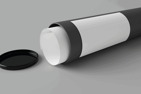 Grey cardboard tube with a roll of paper inside and cap opened. How To Ship A Mailing Tube