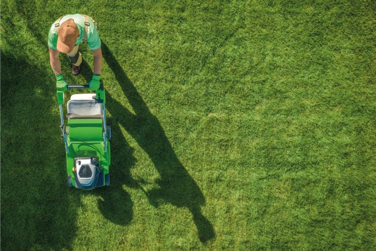 Lawn Moving Aerial Photo. Gardener with Gasoline Grass Mower at Work