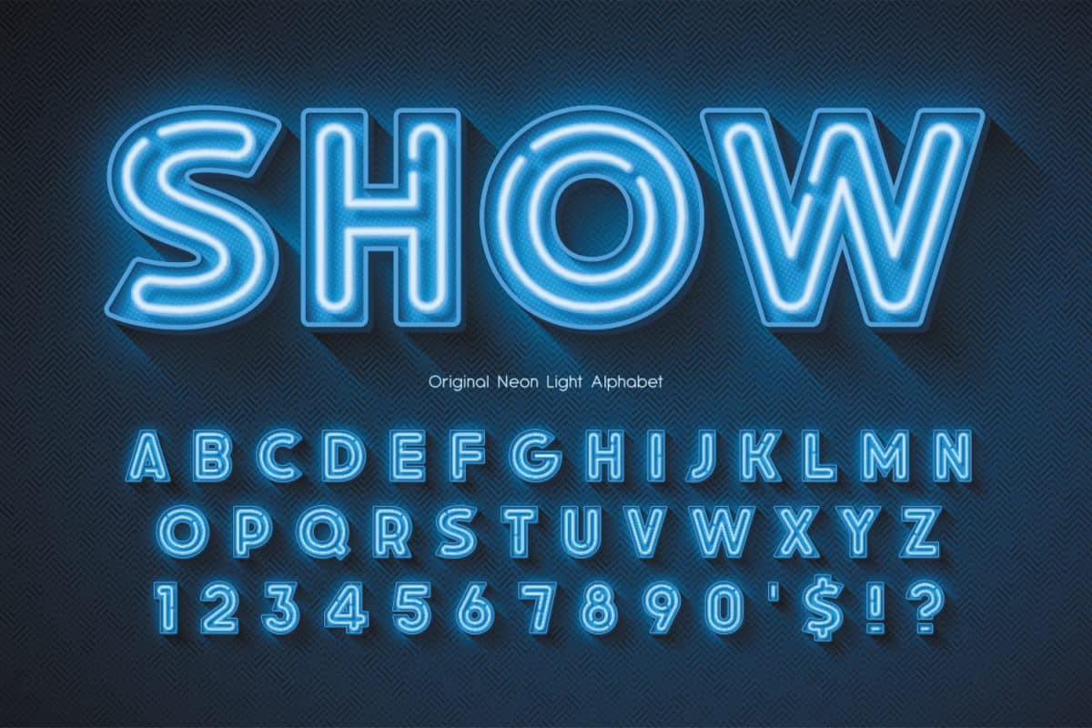 Neon light 3d alphabet, extra glowing origainal type. Swatch color control.

