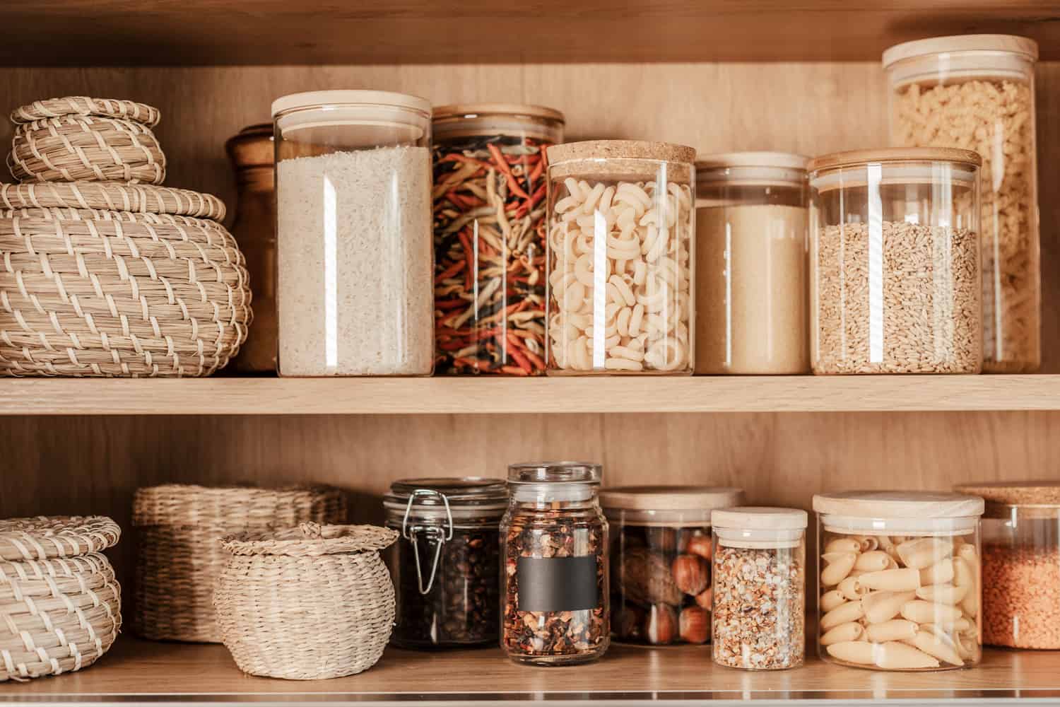 Organizing zero waste storage in the kitchen. Pasta and cereals in reusable glass containers in kitchen shelf. Sustainable lifestyle idea