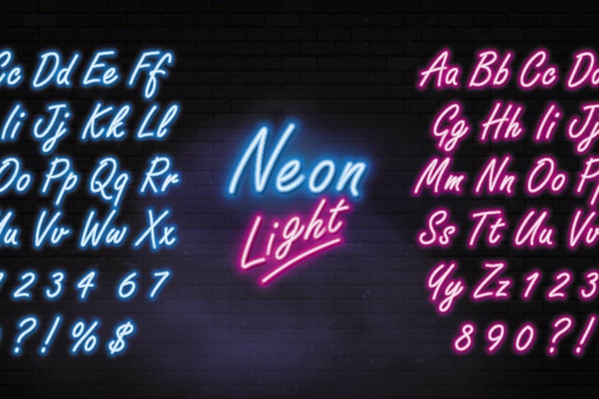Realistic neon alphabet on dark brick wall and smoke background. Vector illustration.

