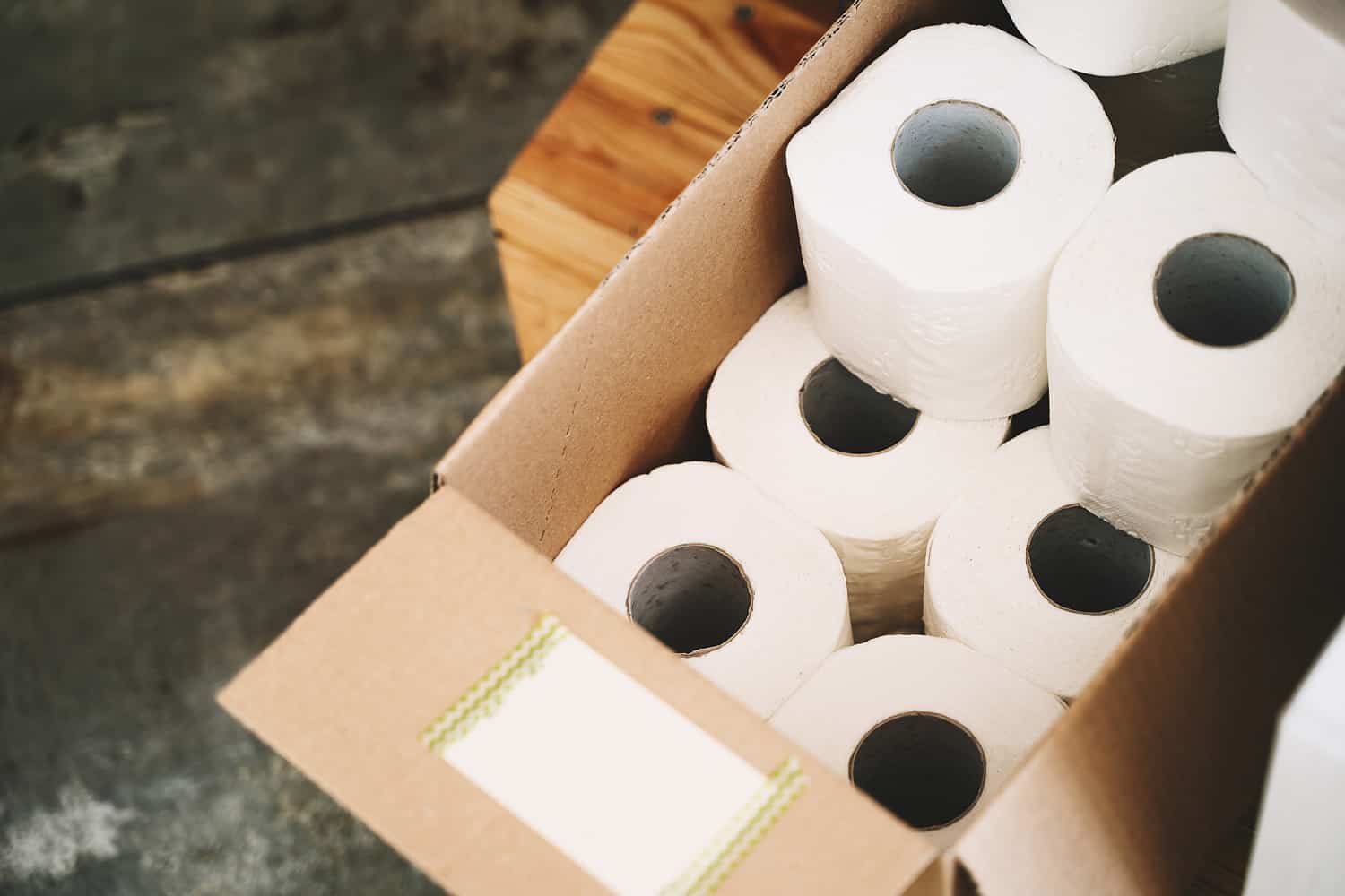Toilet paper in carton craft box in plastic free store.