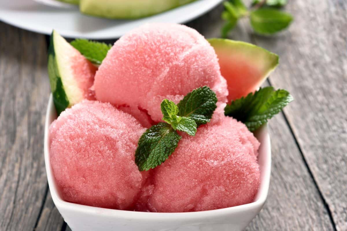 Watermelon sorbet ice cream in bowl