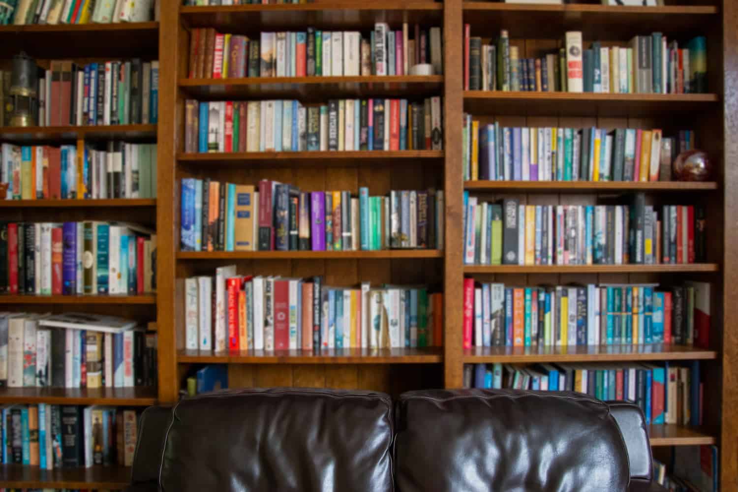 Wooden bookcase filled with blurred books, and a leather sofa in the foreground
