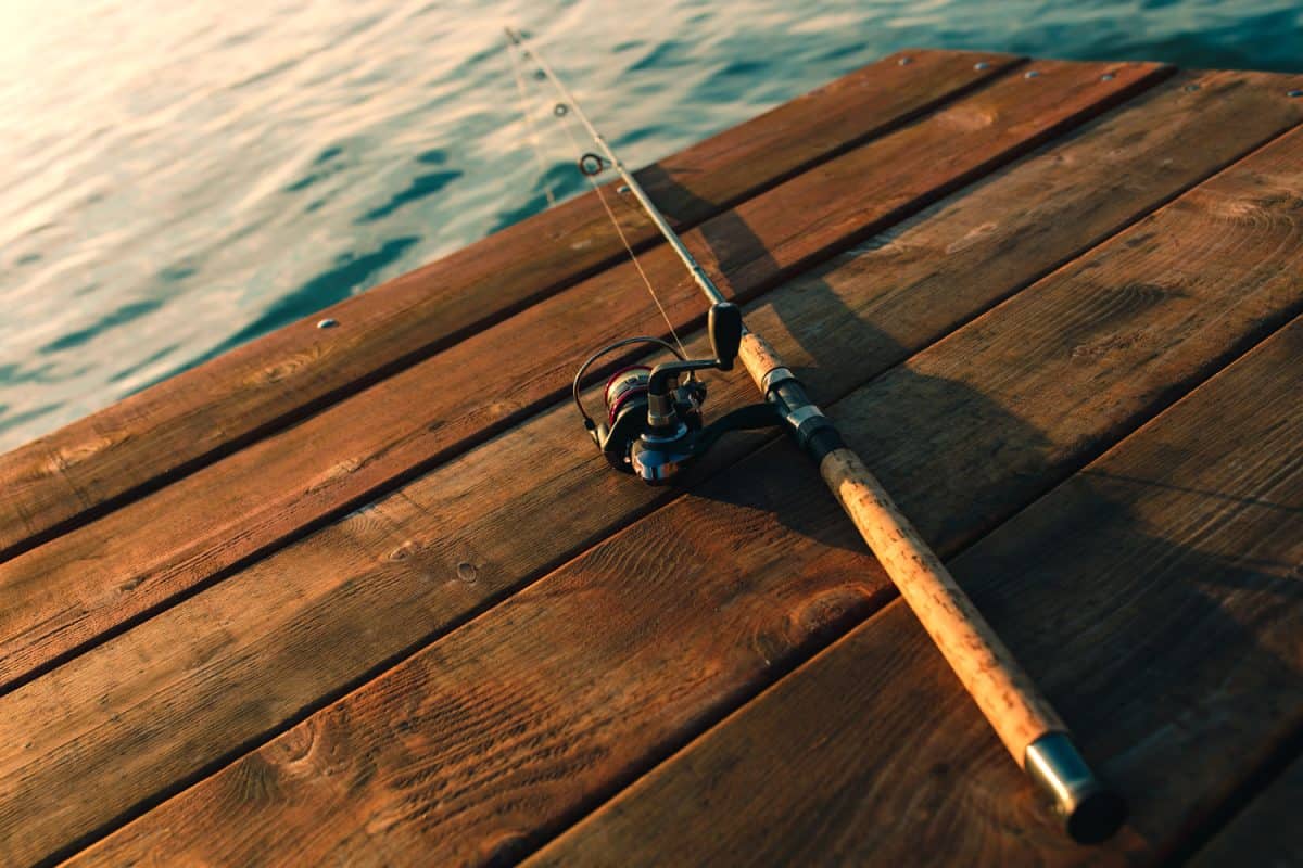 Fishing rod on a wooden dock.
