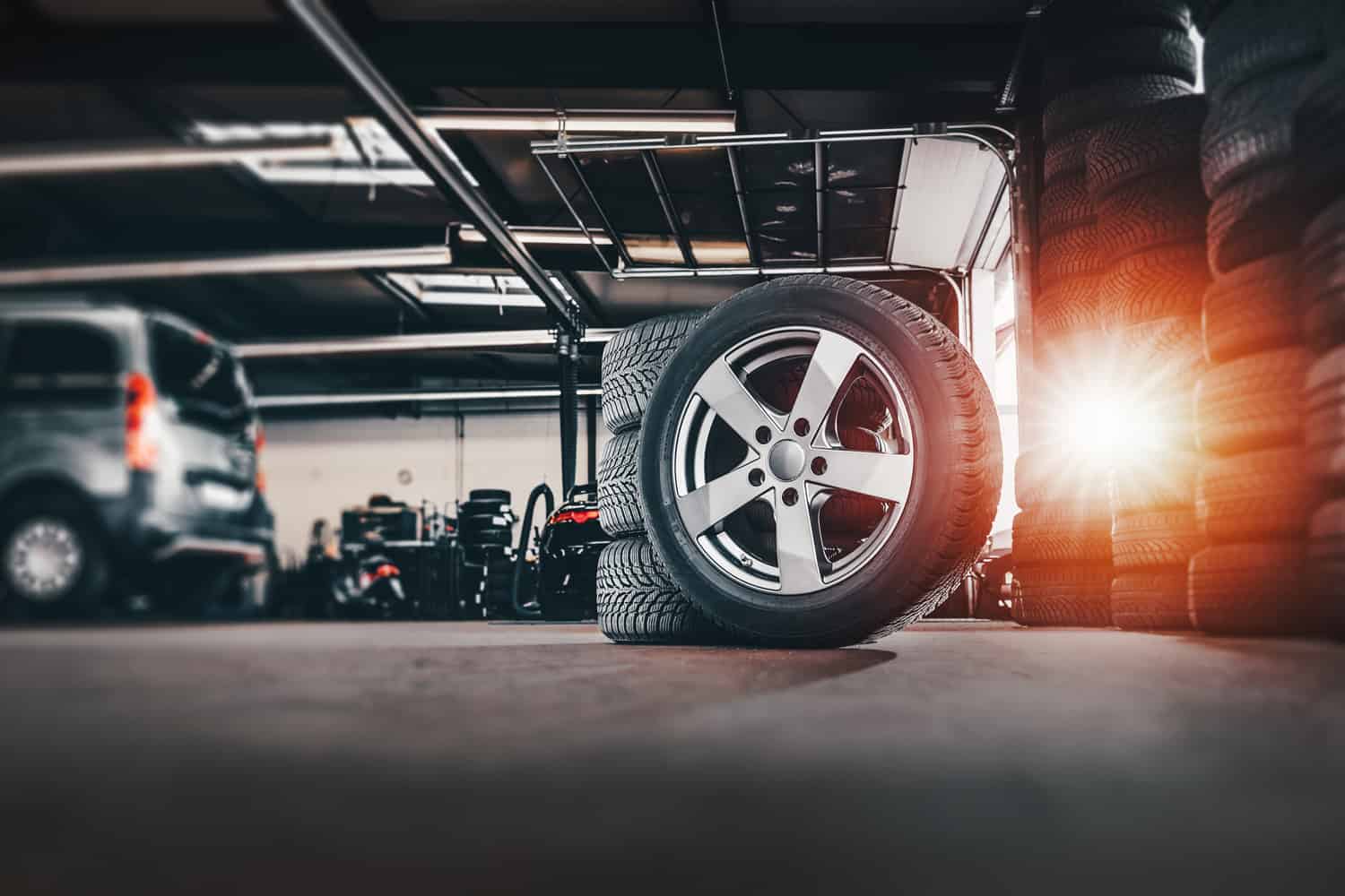 tire at repairing service garage background